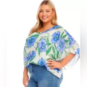 Karen Kane Floral Scoop Neck Asymmetric 3/4 Bell Sleeve Blouse Size 2X